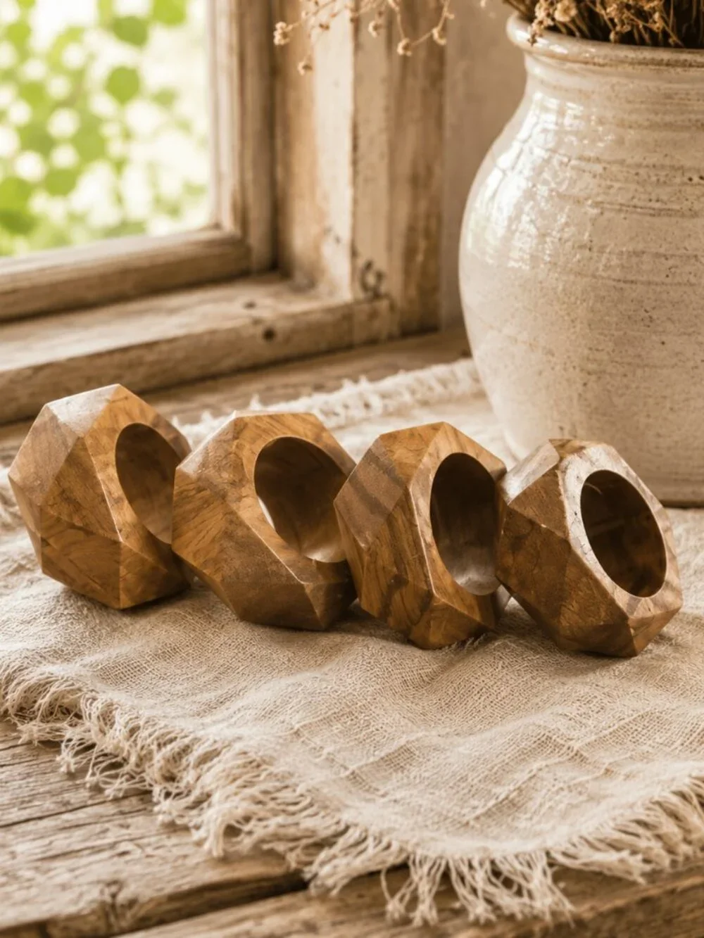 Set of 4 Vintage MCM Geometric Design Faceted Wooden Napkin Rings